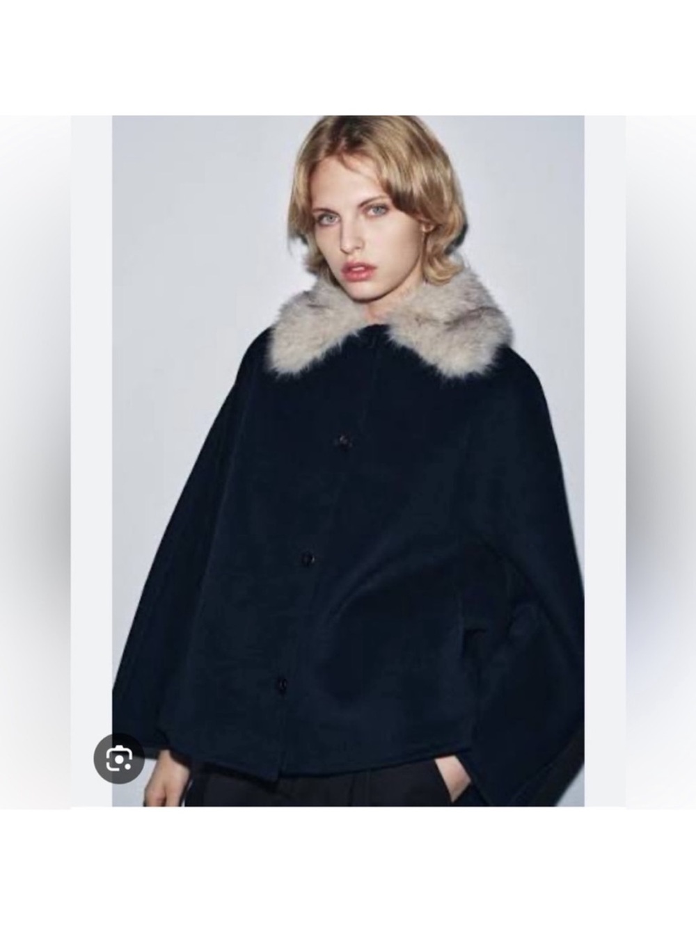 Zara Navy Wool Coat Jacket with Cream Removable Faux Fur Collar